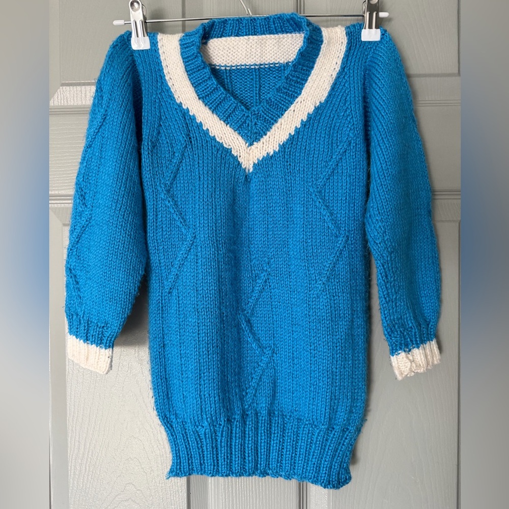New Kids Pure Hand Knit Soft Blue Cable V-Neck Sweater